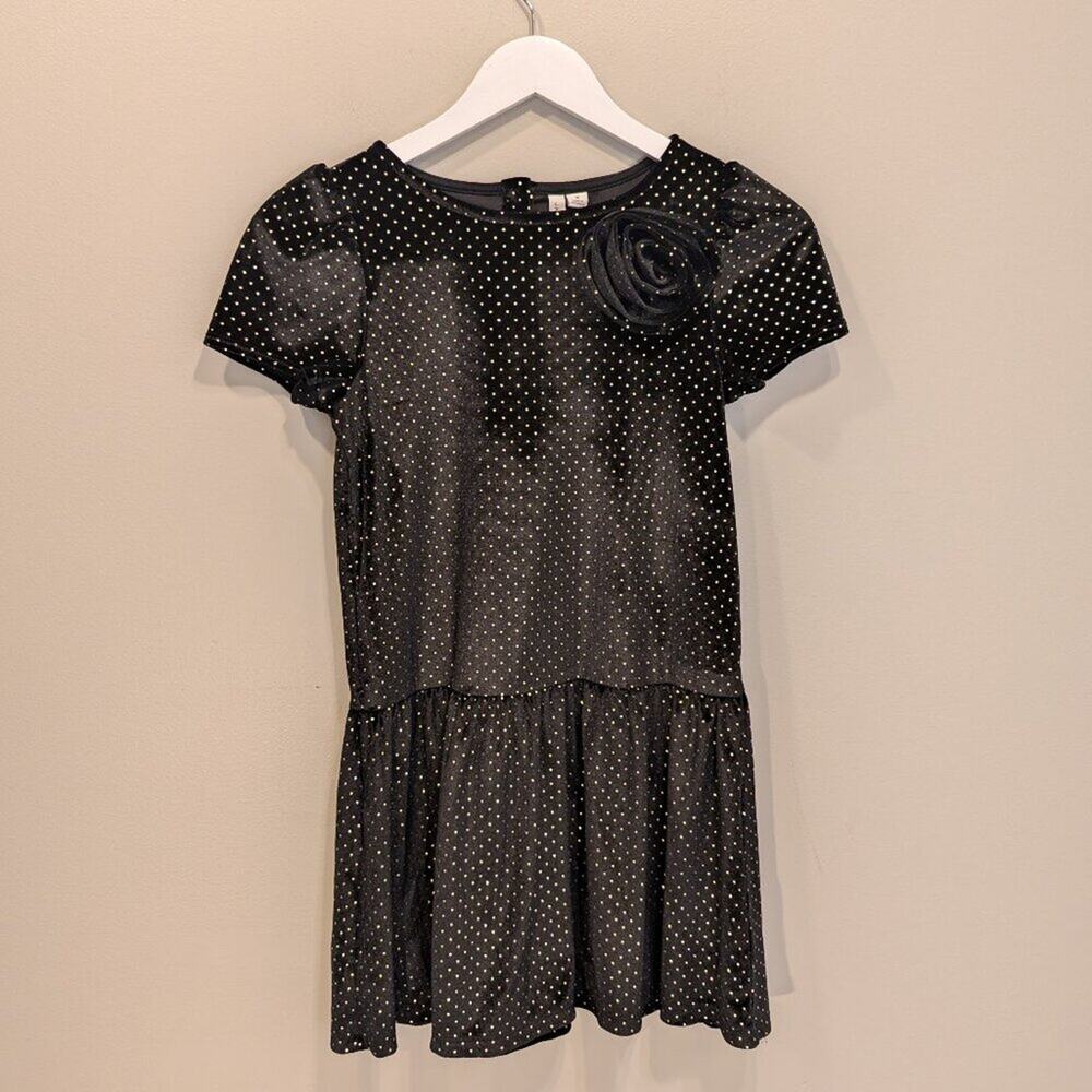 Janie And Jack Girls Black And Gold Polka-Dot Velvet Dress With Flower - Size 10